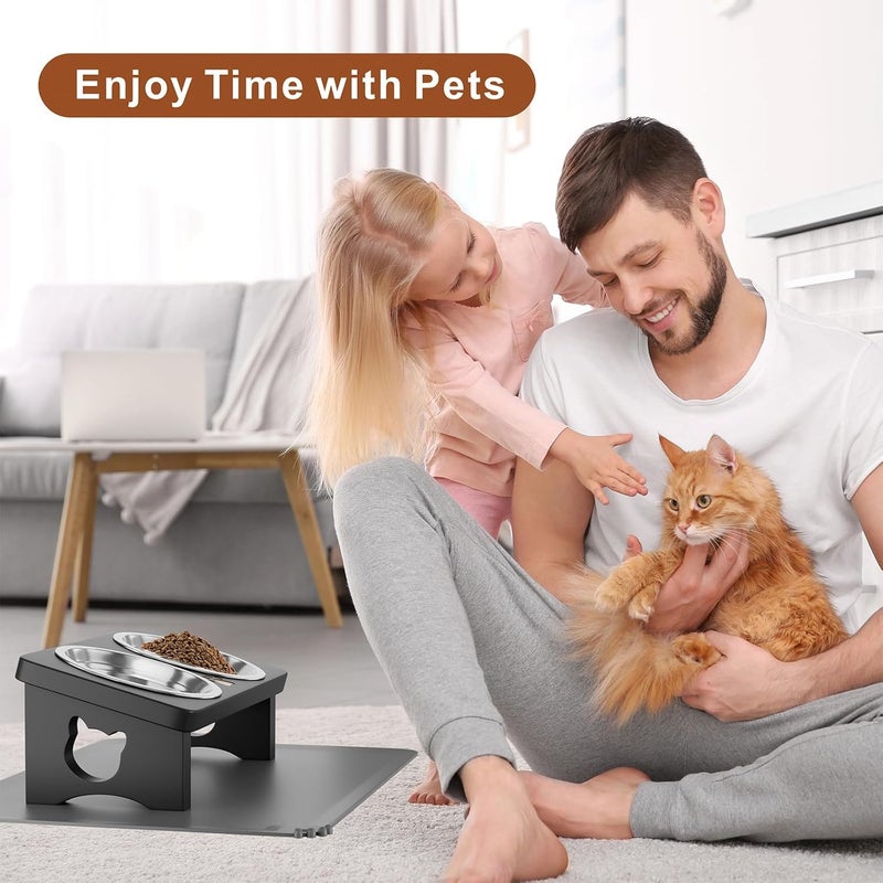 INNVVIS Elevated Cat Bowls with Silicone Mat, 15° Tilted Solid Wood Stand, Raised Stainless Steel Food & Water Dishes for Cats and Small Dogs, Anti-Vomiting Design(Natural) - Image 2